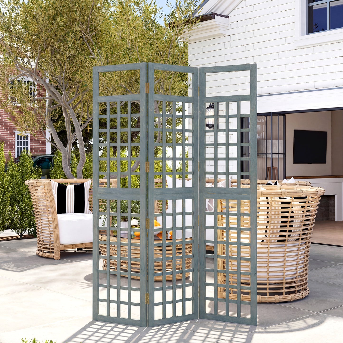 Outsunny 3 Panel Garden Privacy Screen Freestanding Foldable Wooden Outdoor Divider Trellis Grey