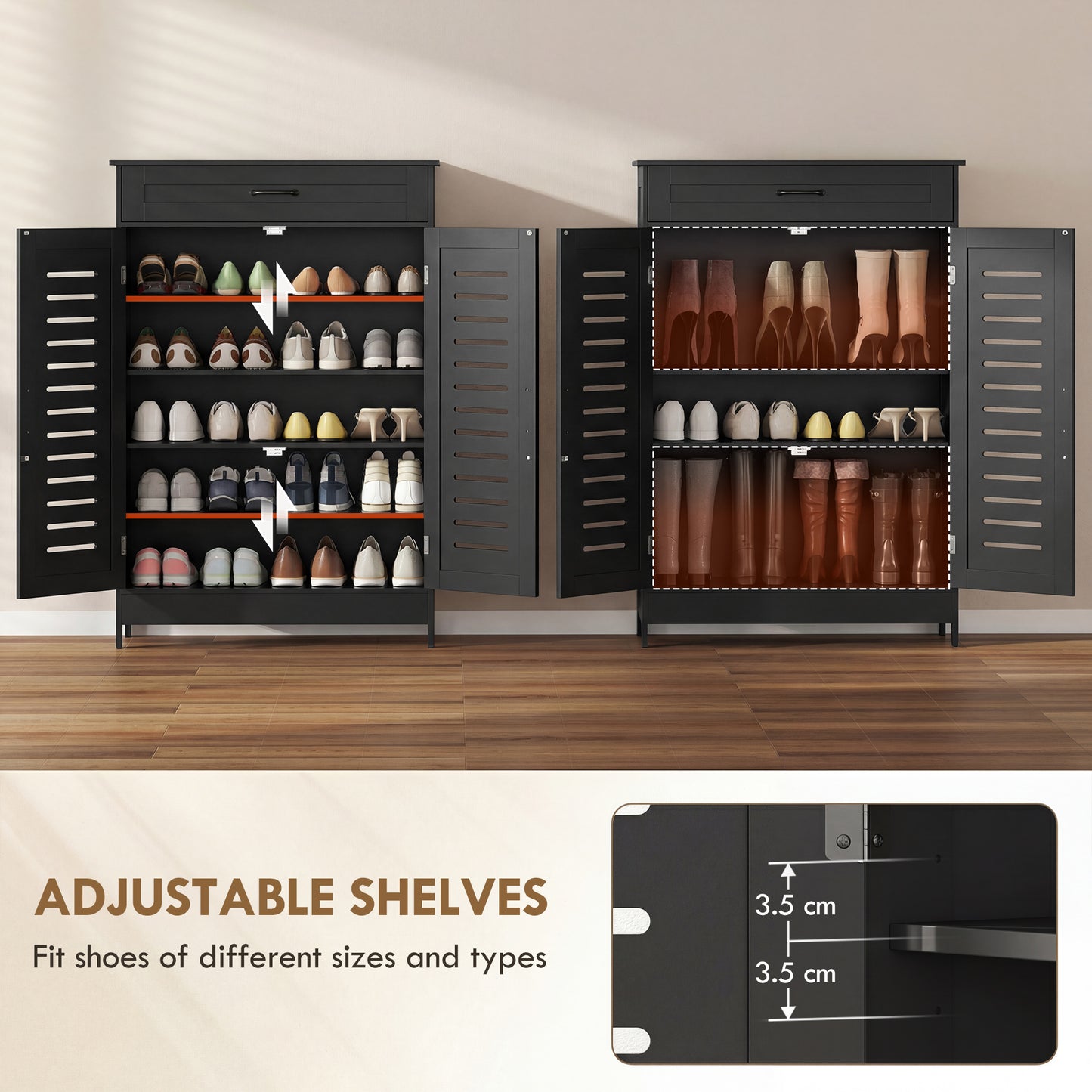 HOMCOM Shoe Cabinet With Louvered Doors, Modern Shoe Storage Cabinet With Drawer And Adjustable Shelves, Black