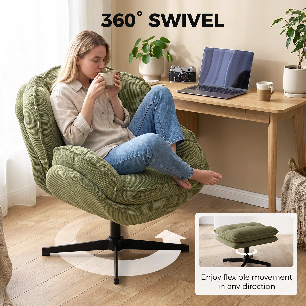 Green swivel armchair with rounded arms and matching padded footstool, black base
