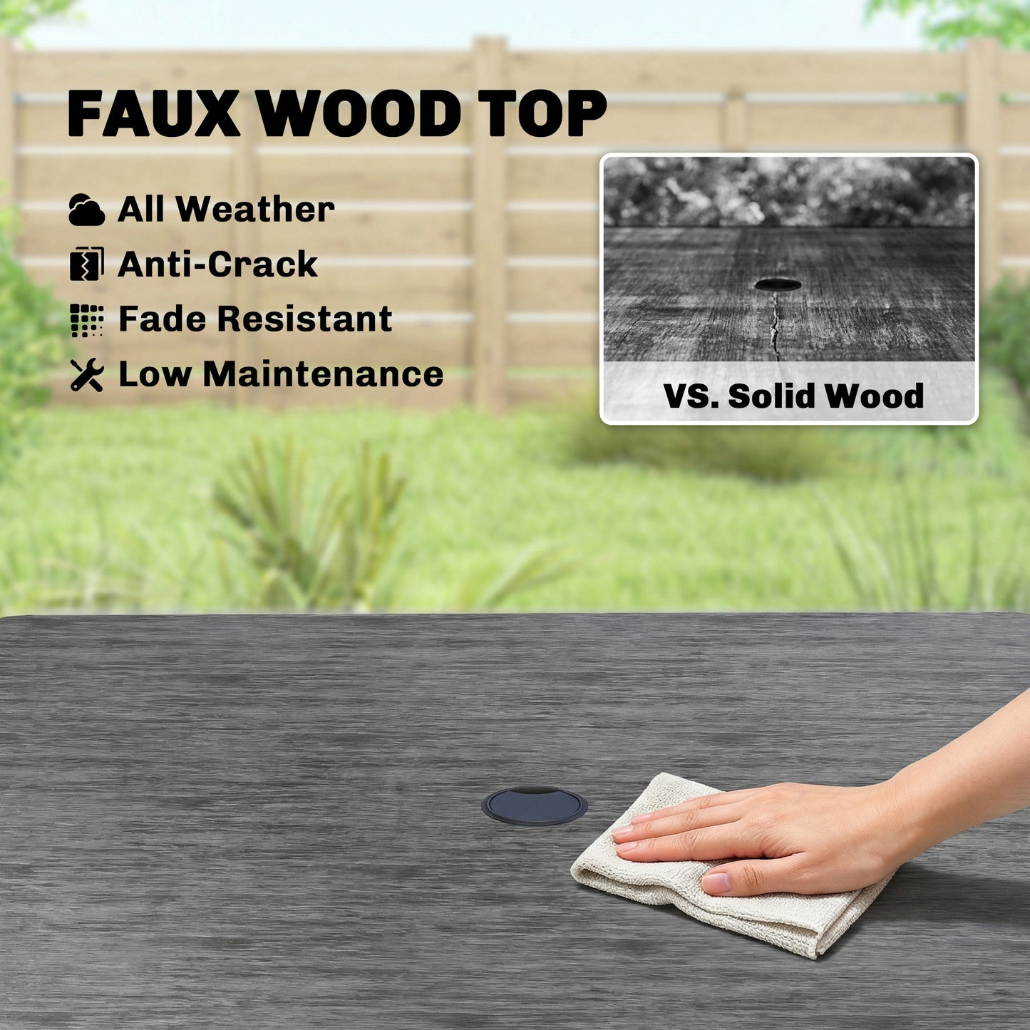 Outsunny 85 cm Square Garden Dining Table for 4 with Umbrella Hole Faux Wood Top Metal Legs Dark Grey