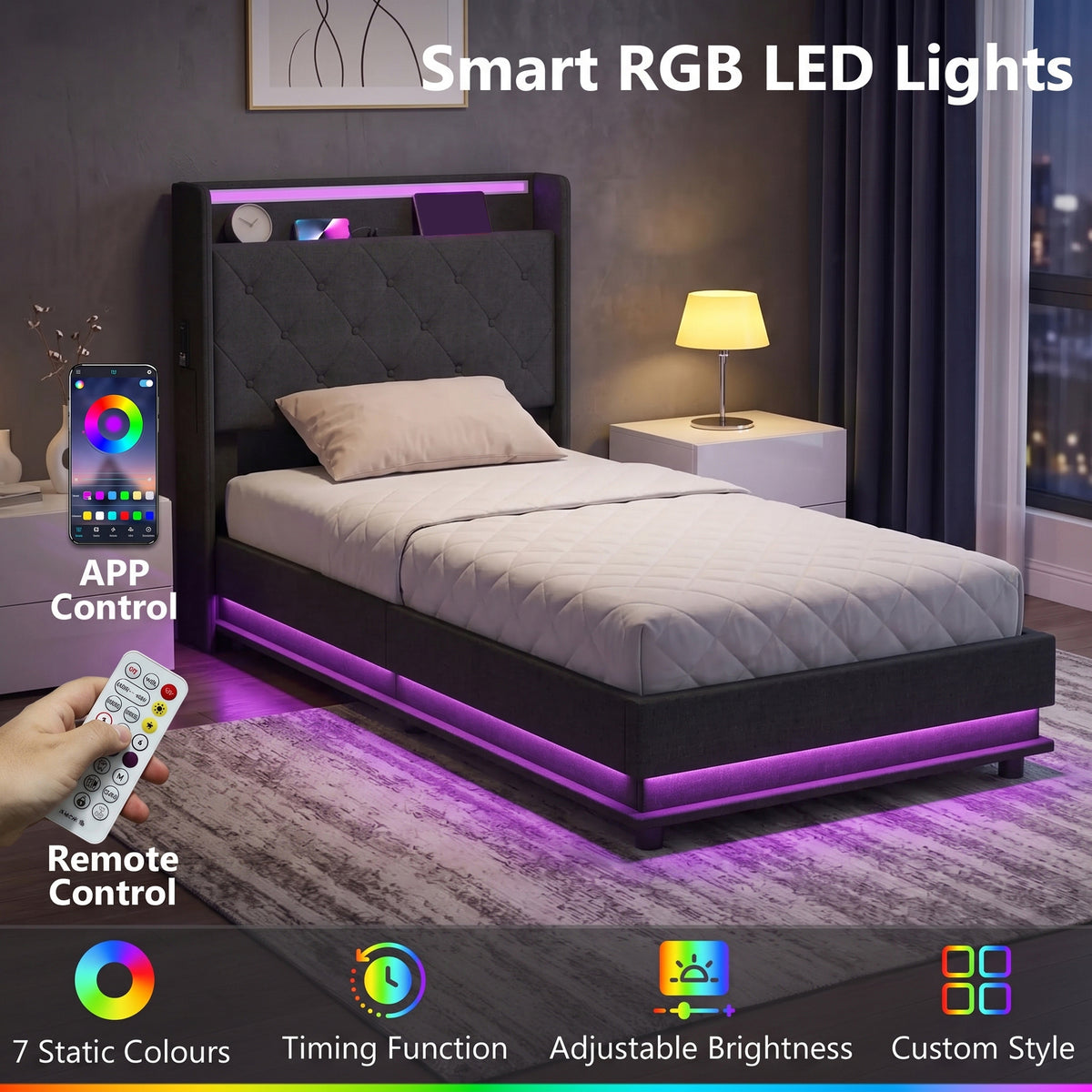 Homcom 3Ft Single Bed Frame With Hydraulic Storage And Led Lights Black