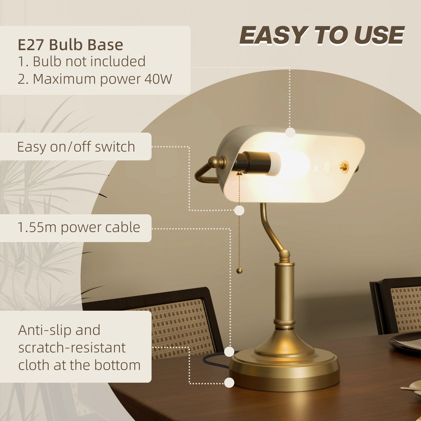 HOMCOM Vintage-Inspired Antique Bronze Banker’s Desk Lamp with White Glass Shade for Home Office - ALL4U RETAILER LTD