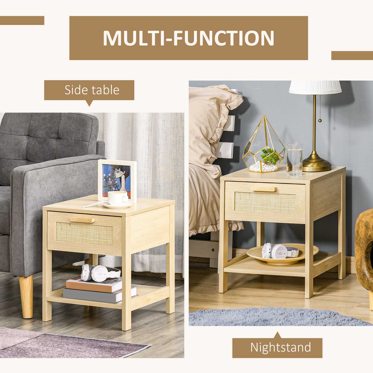 HOMCOM Chest Of Drawers And Nightstands Boho Rattan Furniture Set Natural Wood Finish