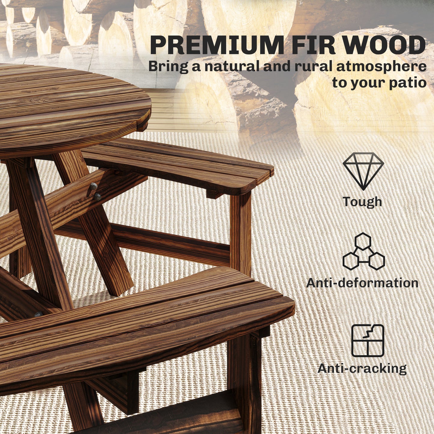 Outsunny 6 Seater Wooden Round Dining Set with Bench and Parasol Hole for Outdoor Garden Patio Carbonized