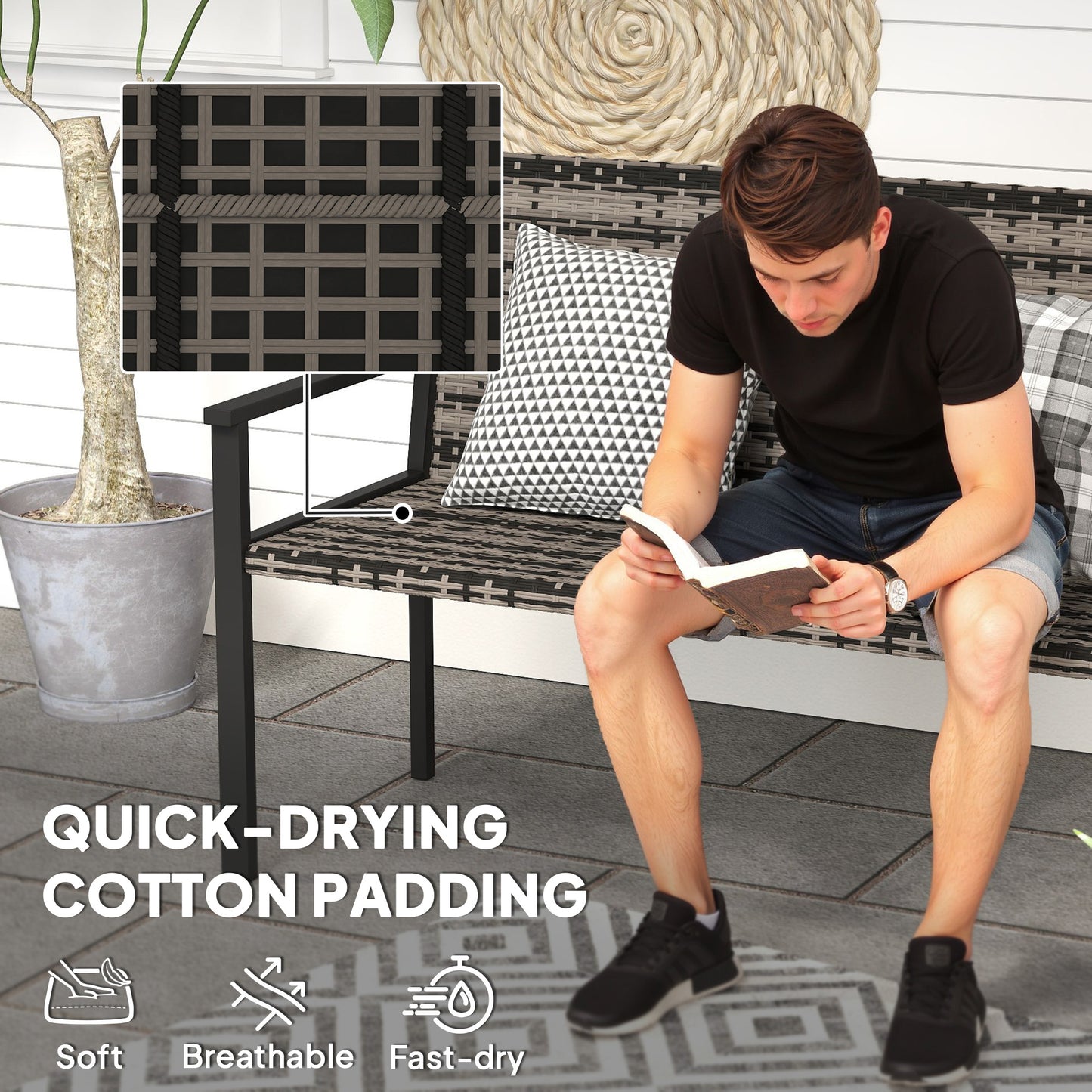 Outsunny Two Seater Rattan Garden Bench Mixed Grey Weather Resistant Steel Frame With Quick Dry Padding