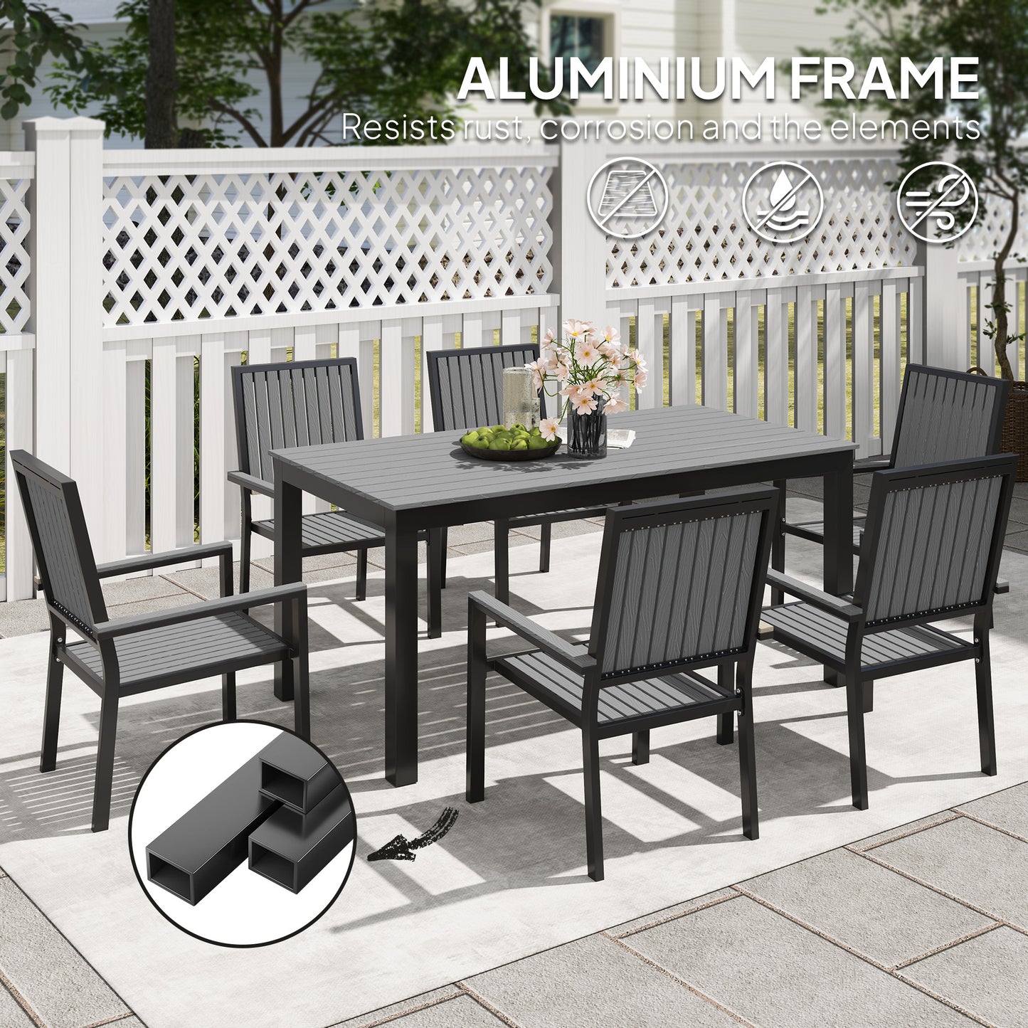 Outsunny 6 Seater Garden Dining Set With Stackable Chairs Aluminium Frame Rectangular Plastic Top Outdoor Patio Grey