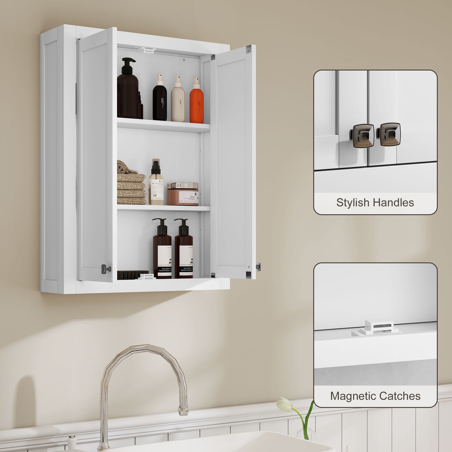 HOMCOM White Bathroom Wall Cabinet With Adjustable Shelves For Space Saving Wall Mounted Bathroom Storage