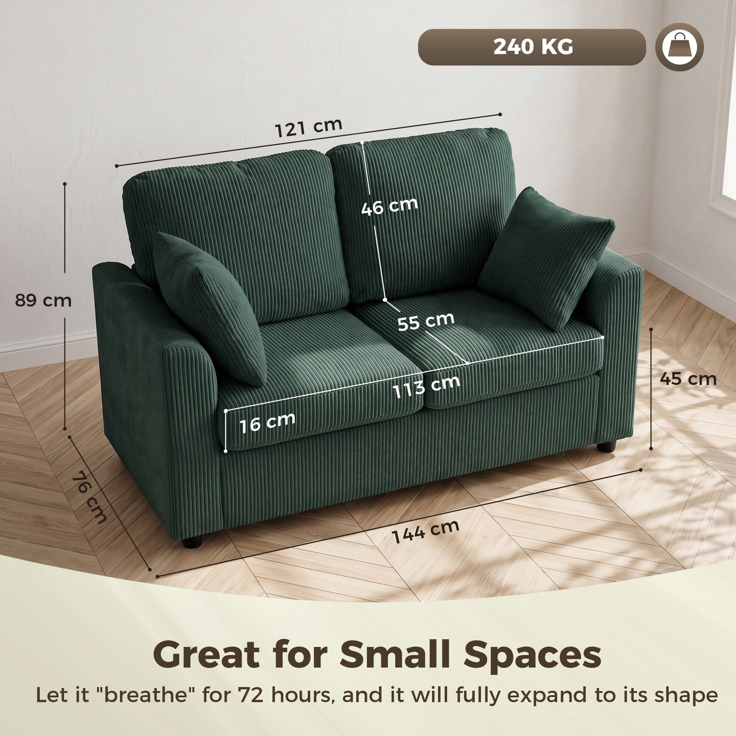 HOMCOM 2 Seater Sofa Corduroy Couch with Pocket Springs Deep Seat Upholstery Dark Green