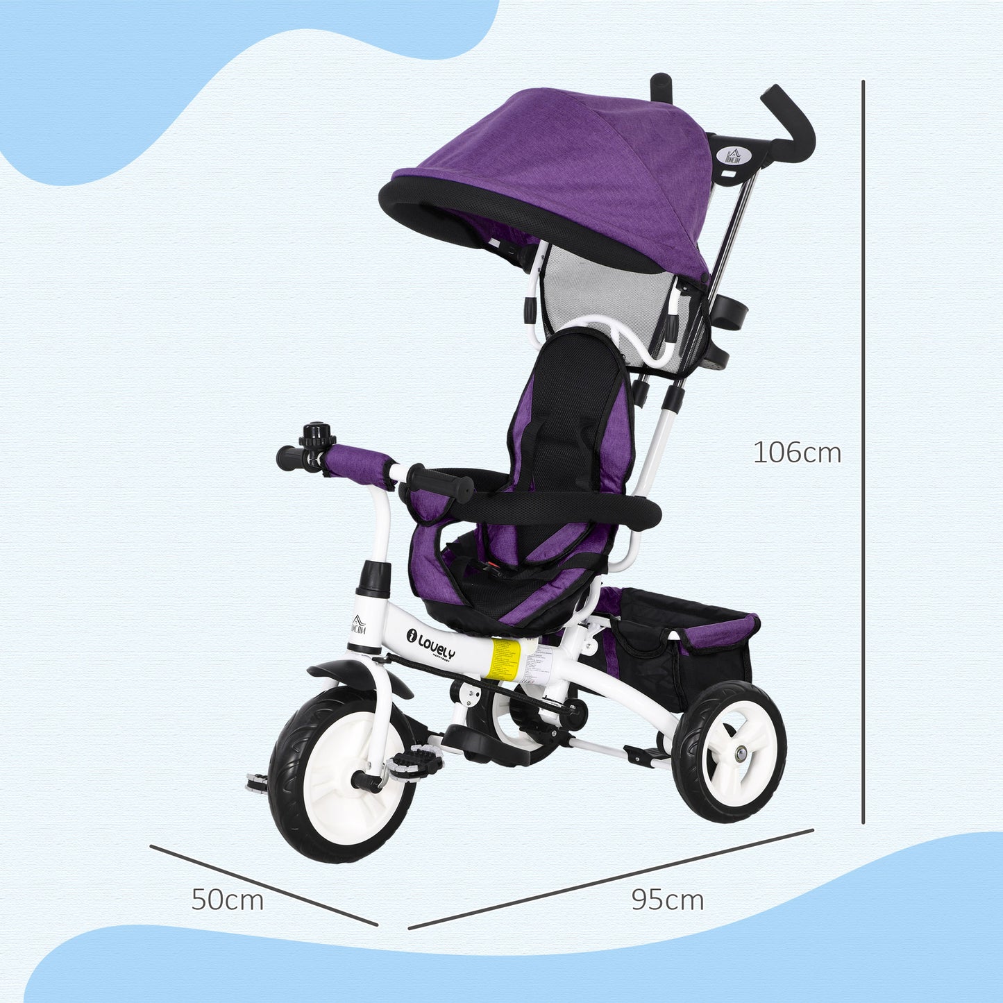 HOMCOM Transformable 4-in-1 Toddler Trike with Canopy, Push Handle, and Safety Features for Ages 1-5 - Purple - ALL4U RETAILER LTD