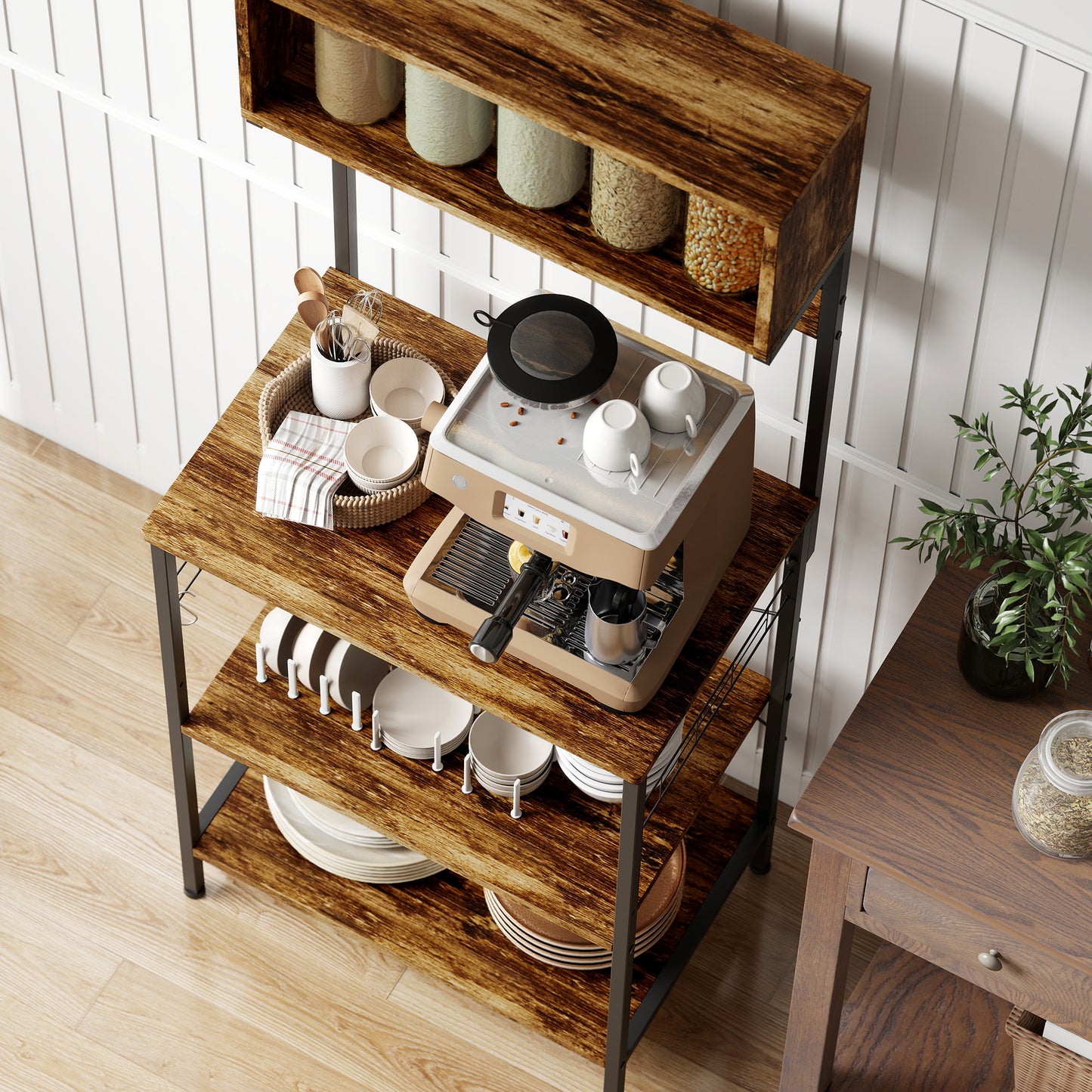HOMCOM Kitchen Storage Rack With Power Outlet And USB Charger Rustic Brown Bakers Rack For Kitchen Organization
