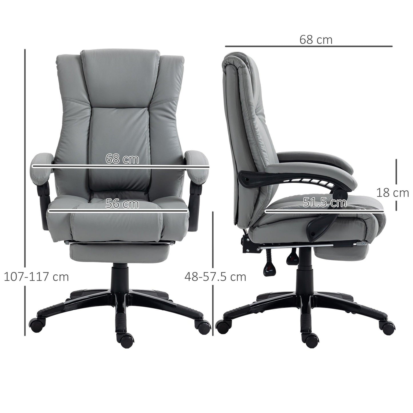 Vinsetto PU Leather Office Chair, Swivel Computer Chair with Footrest, Wheels, Adjustable Height, Grey - ALL4U RETAILER LTD