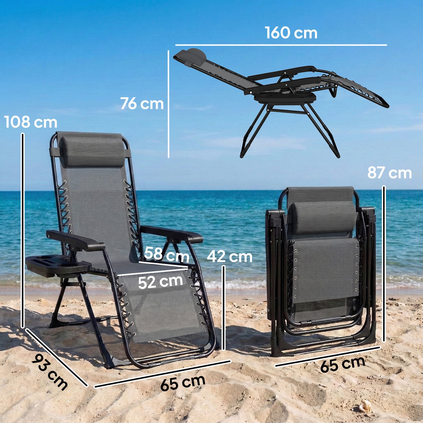 Outsunny Zero Gravity Folding Sun Lounger Recliner With Arm Pads Cushion Cup Holder Headrest Light Grey