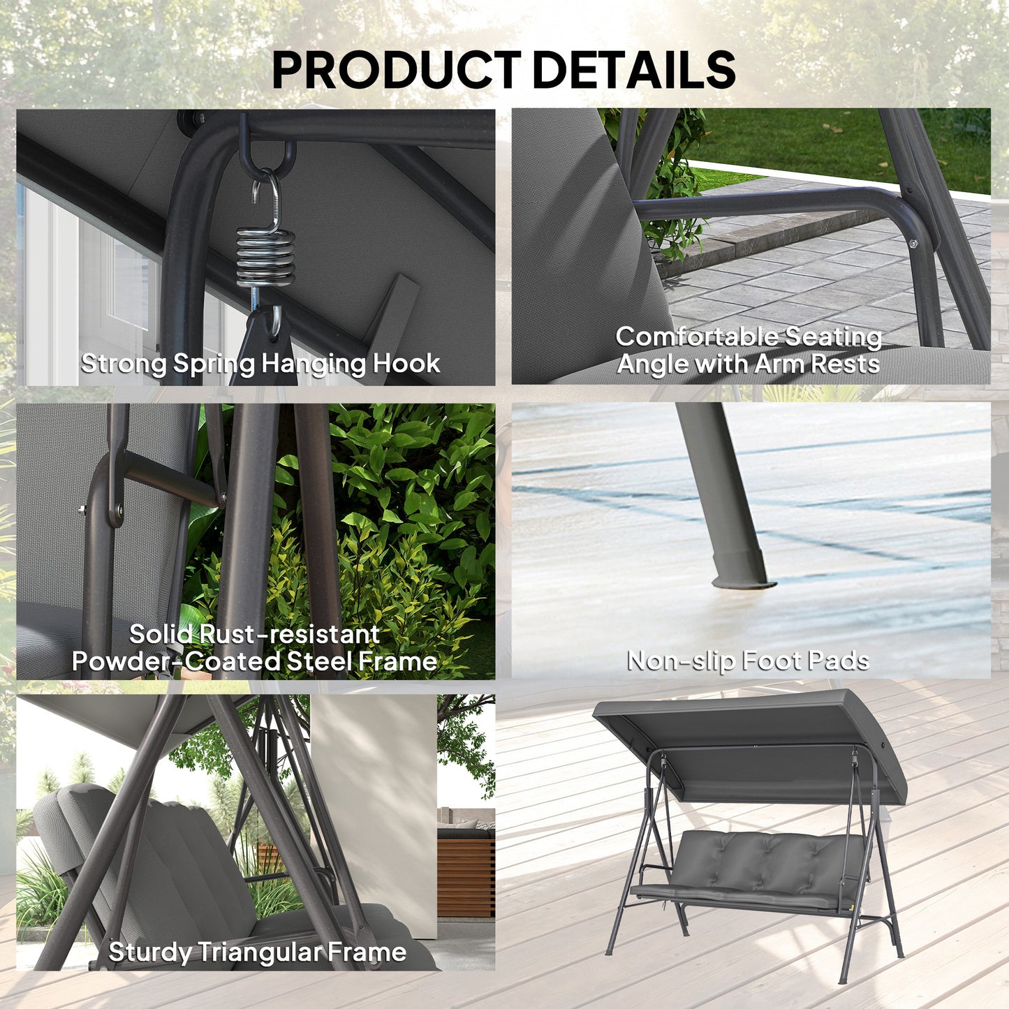 Outsunny 3 Seater Garden Swing Chair Tilting Canopy Patio Rocking Bench Steel Frame Removable Cushions Dark Grey