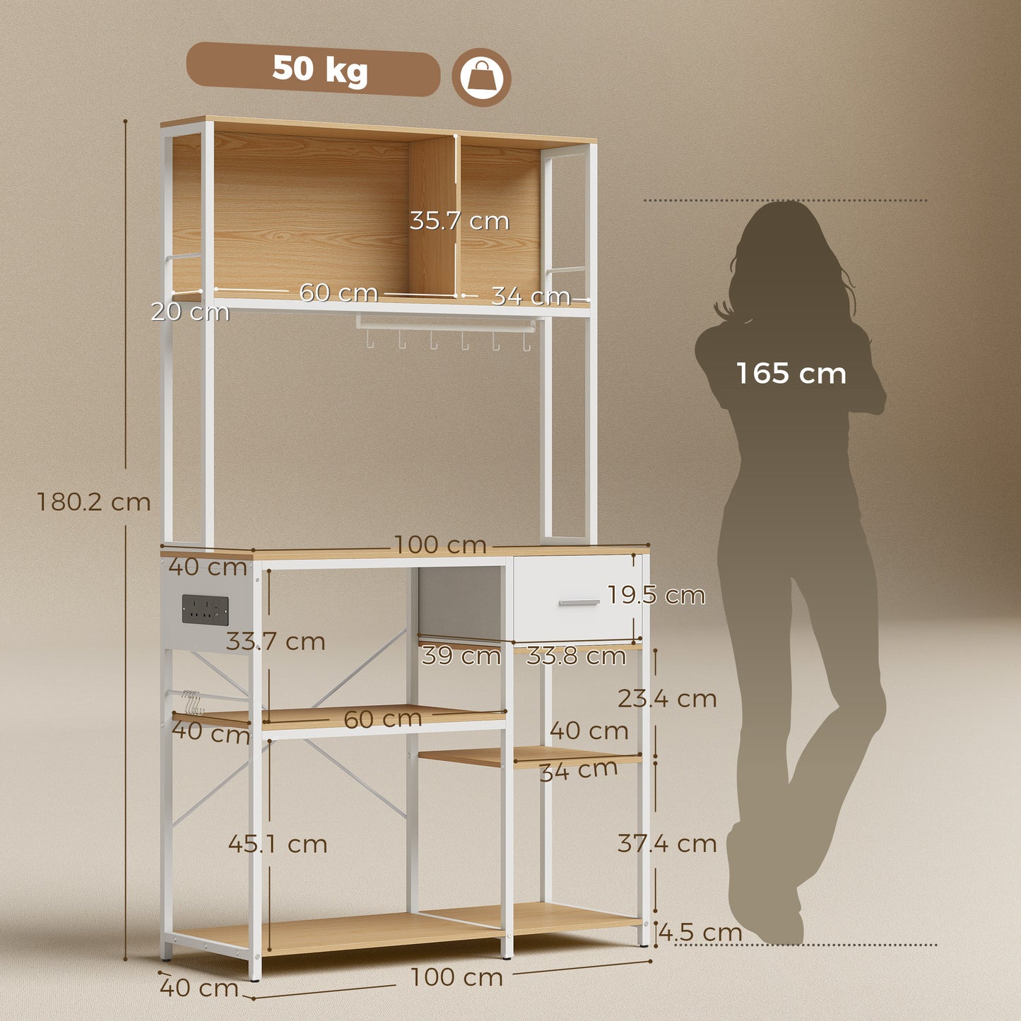 Homcom Kitchen Storage Rack With USB Outlet Drawer Oak White
