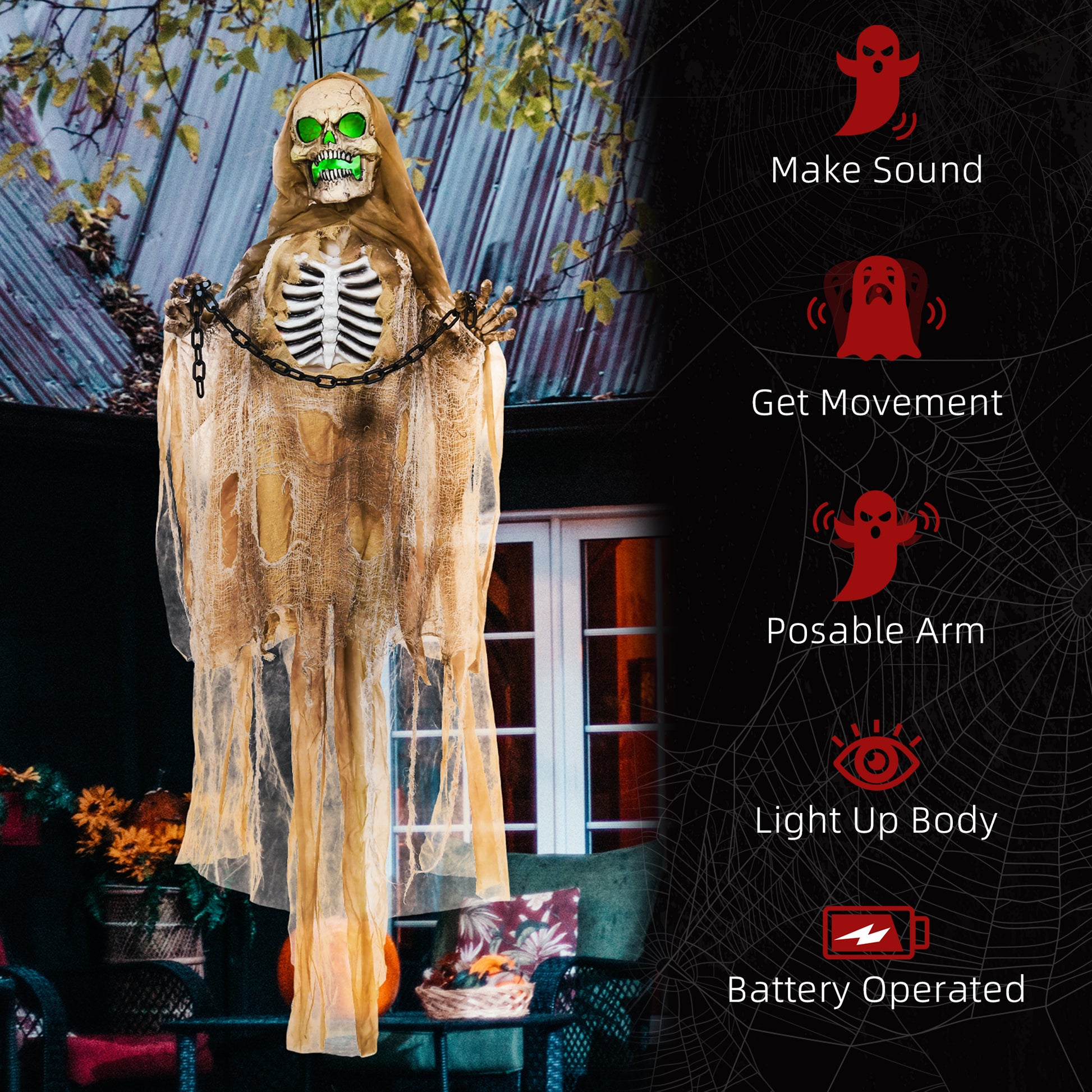 HOMCOM Creepy Animated Hanging Skeleton with Sound and Lights for Halloween Decoration - ALL4U RETAILER LTD