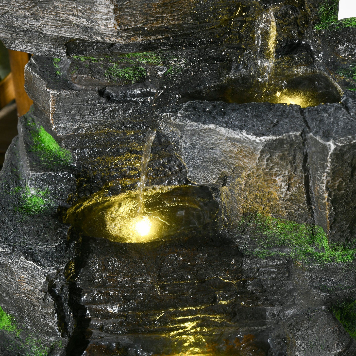 Outsunny Garden Water Feature With LED Lights Solar Powered Four Tier Waterfall Dark Grey Stone Moss Accent
