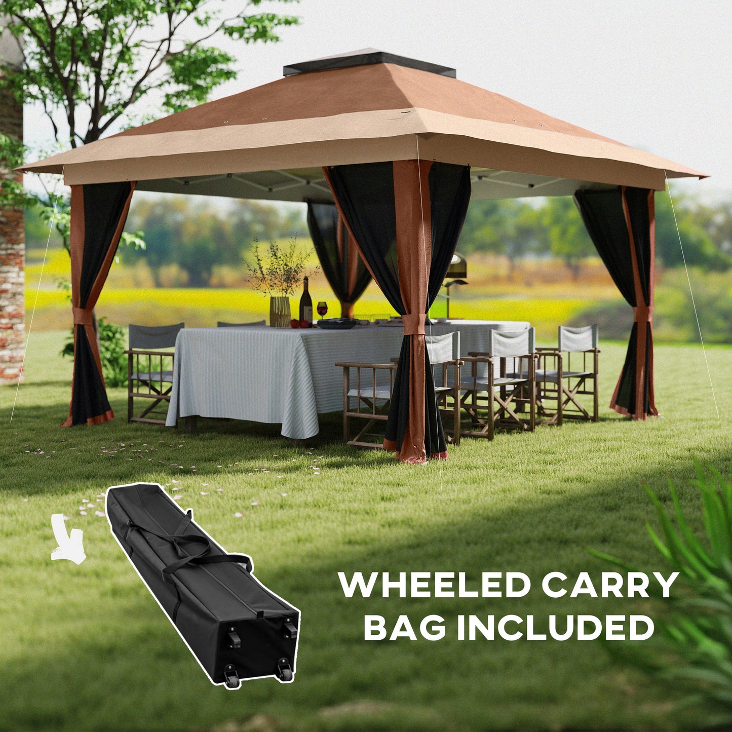 Outsunny 3.6m By 3.6m Pop Up Gazebo With Accessories Brown UPF50 Canopy Mesh Liner Adjustable Height 260 270 280 Cm