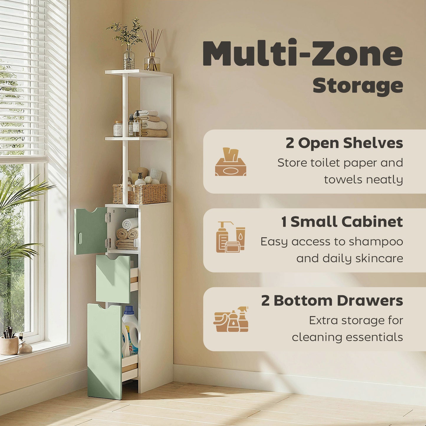 HOMCOM Slim Bathroom Storage Cabinet Tall Floor Cabinet With 2 Tier Shelf And 2 Drawers White And Light Green