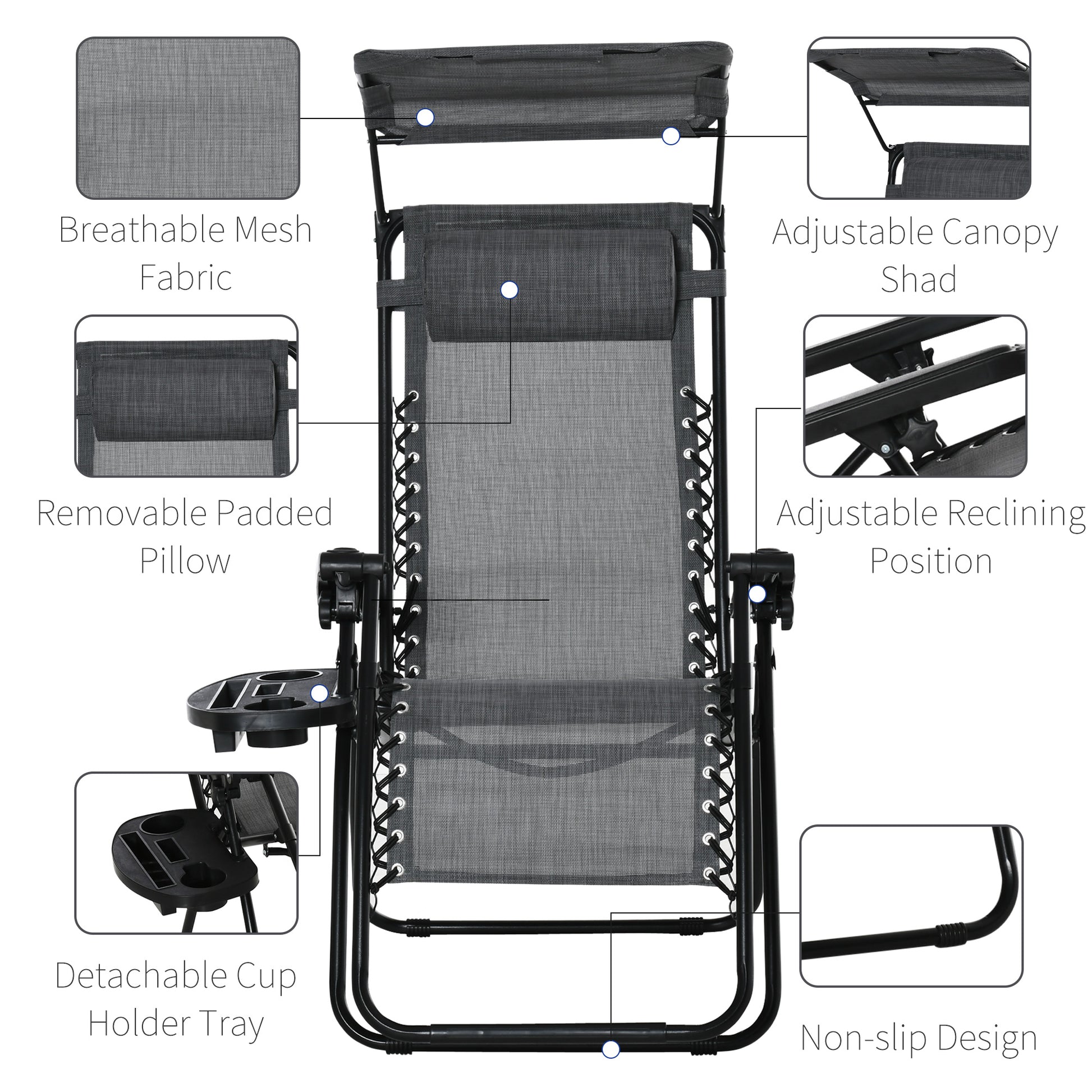 Outsunny Dual Adjustable Reclining Garden Lounger Set with Canopy, Cup Holder & Footrest in Light Grey - ALL4U RETAILER LTD