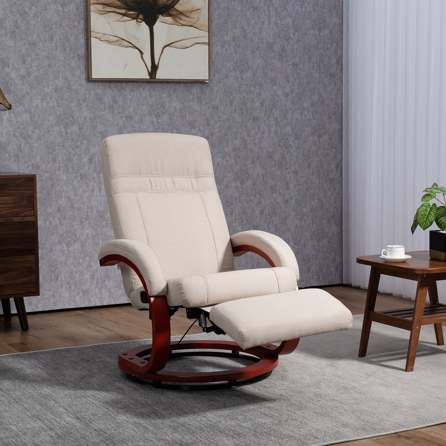 HOMCOM 135 Degree Manual Reclining Swivel Chair With Footrest Beige Linen Upholstery High Back Armrests