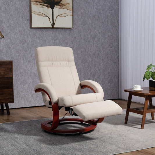 HOMCOM 135 Degree Manual Reclining Swivel Chair With Footrest Beige Linen Upholstery High Back Armrests