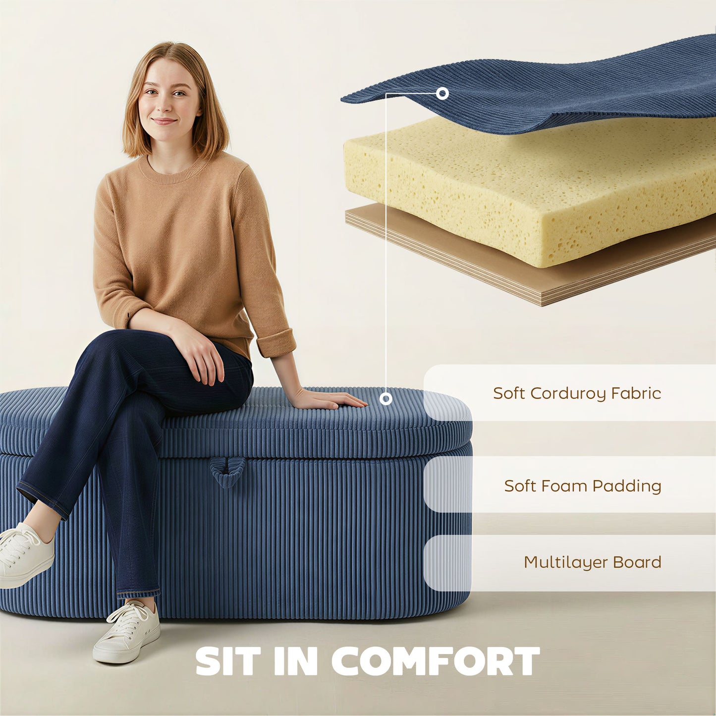 HOMCOM Corduroy Upholstered Storage Ottoman With Padded Seat 105 x 51 x 49 cm Blue