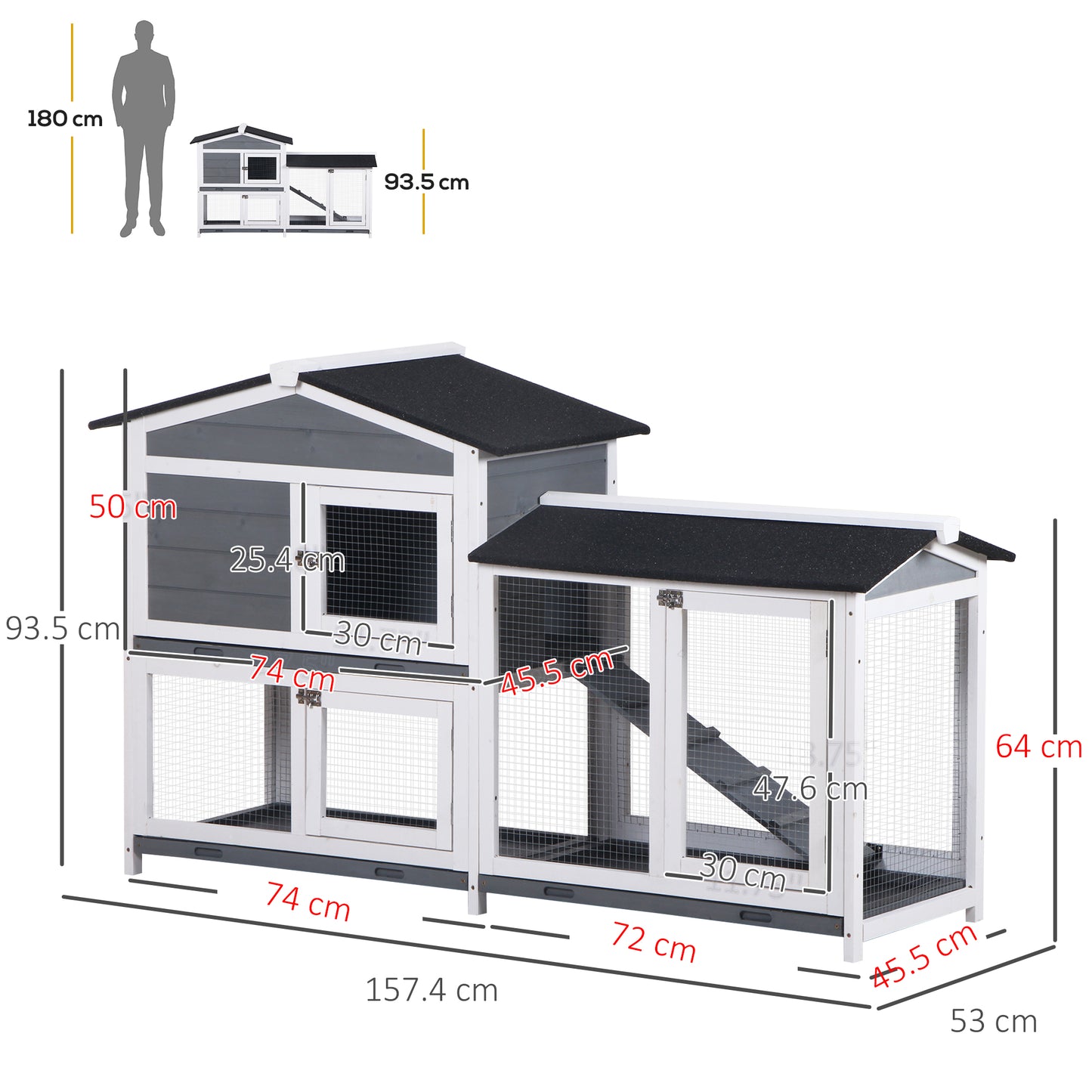 PawHut Deluxe Grey Wooden 2-Tier Rabbit Hutch with Removable Tray and Ramp - ALL4U RETAILER LTD