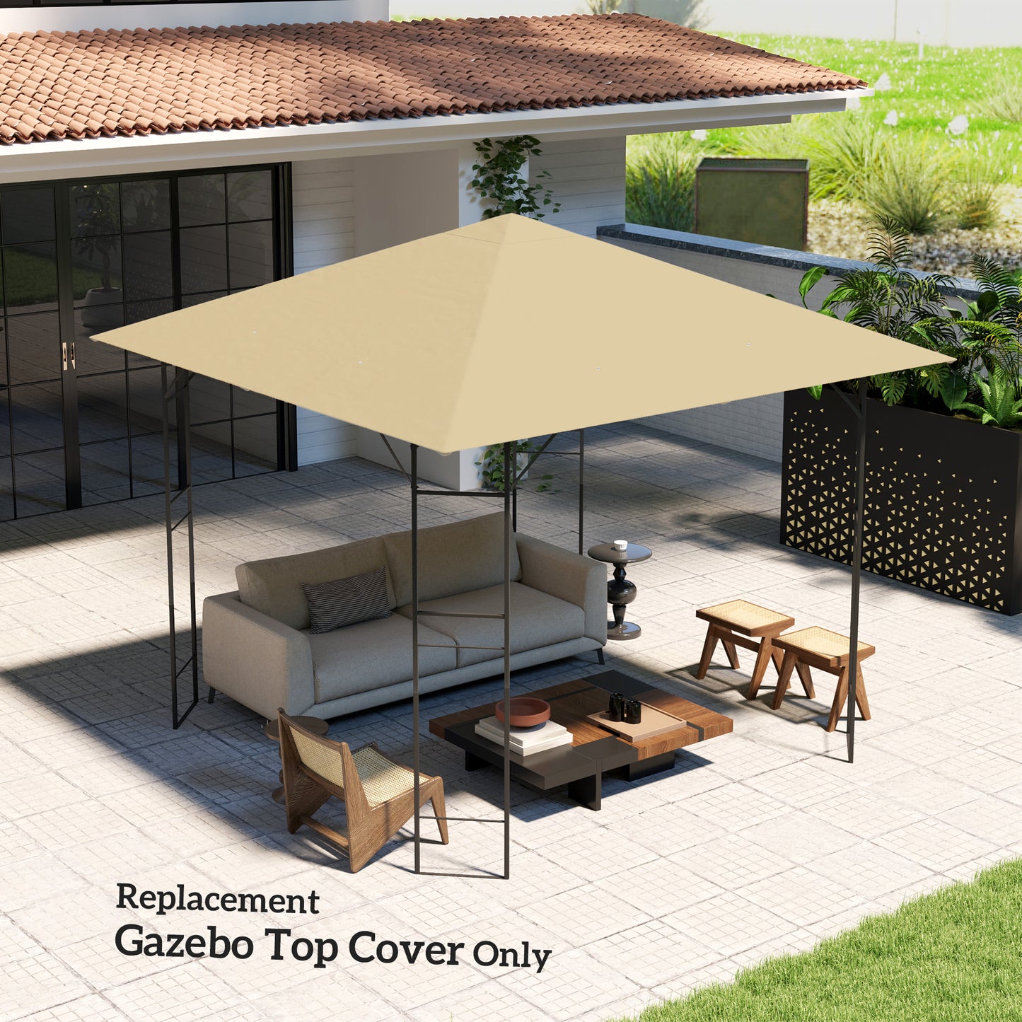 Outsunny 3x3m Gazebo Replacement Canopy Top Beige With Drain Holes UPF30 Water Resistant PVC Coating Top Cover Only
