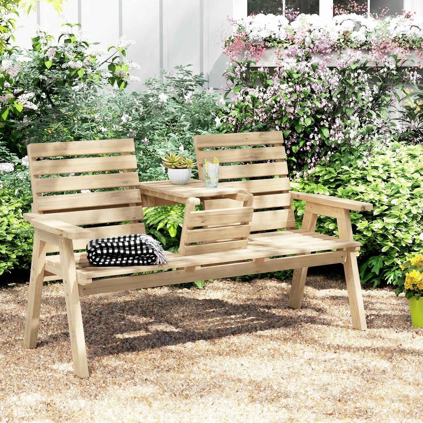 Outsunny Convertible Fir Wood Garden Bench 2 To 3 Seater With Table Natural Wood Finish