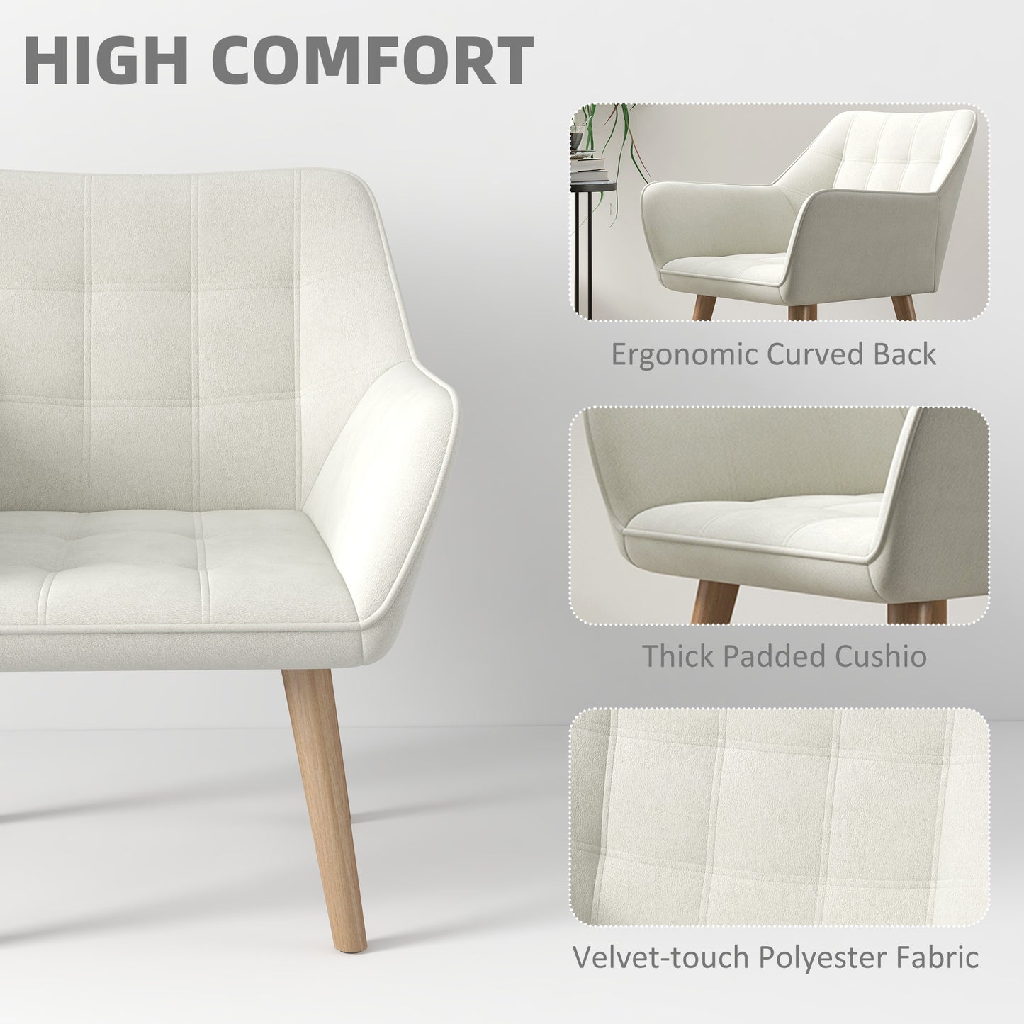 HOMCOM Accent Chair With Wide Arms And Slanted Back Thick Padding Rubber Wood Legs Cream White Living Room