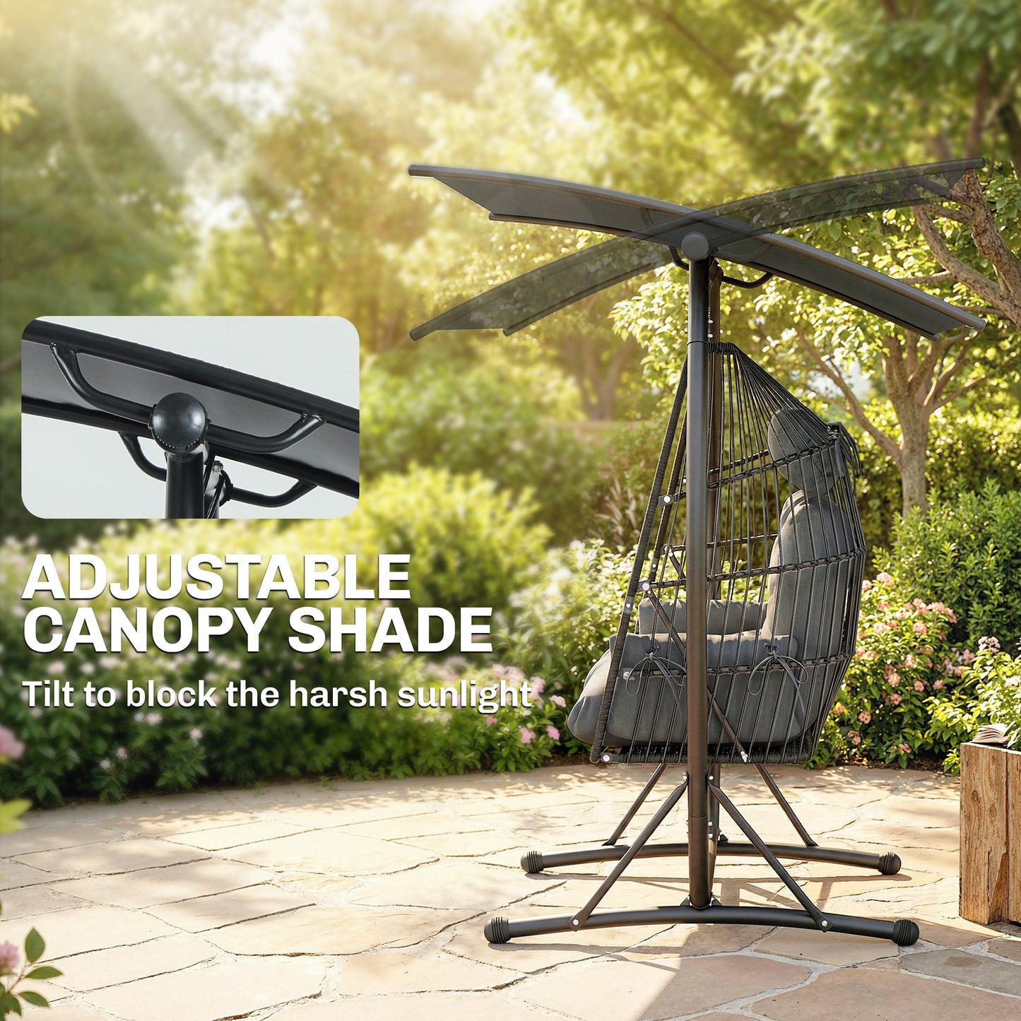 Outsunny Double Hanging Egg Chair With Canopy Stand For Indoor Outdoor Rattan Garden Swing Chair Dark Grey Cushion
