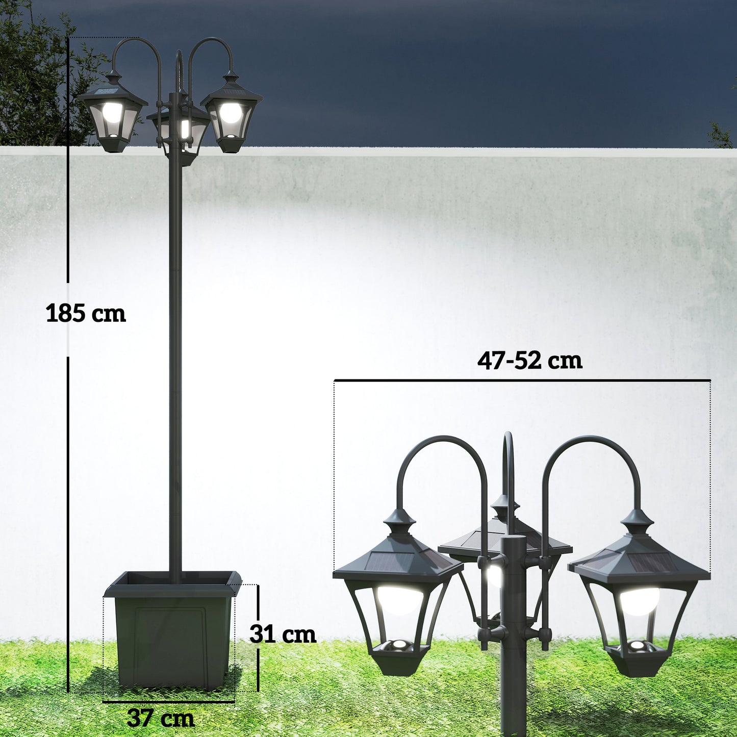 Outsunny Solar Lamp Post With Dusk To Dawn Sensor And 3 Head Planter 185 Centimeters Black