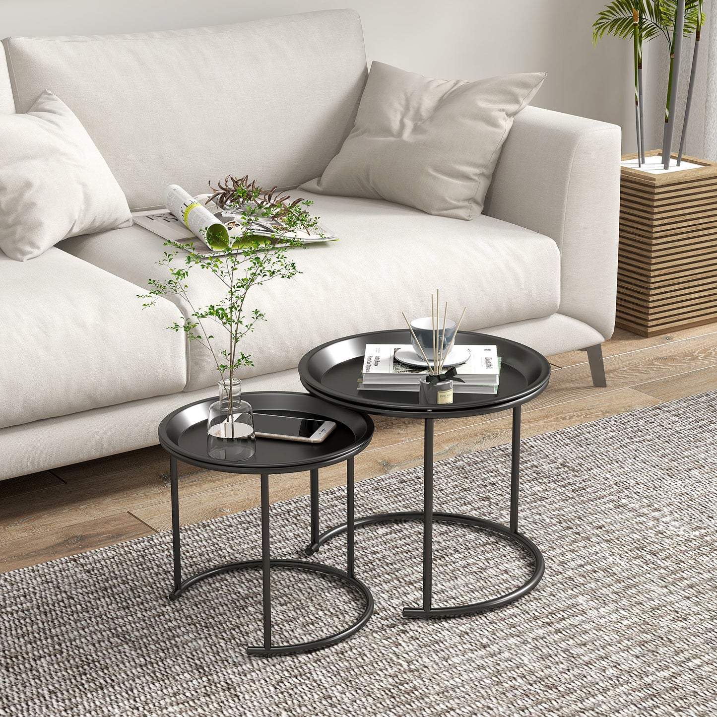 HOMCOM Nesting Tables Set Of 2 With Removable Tray Steel Frame End Tables For Living Room And Bedroom Black