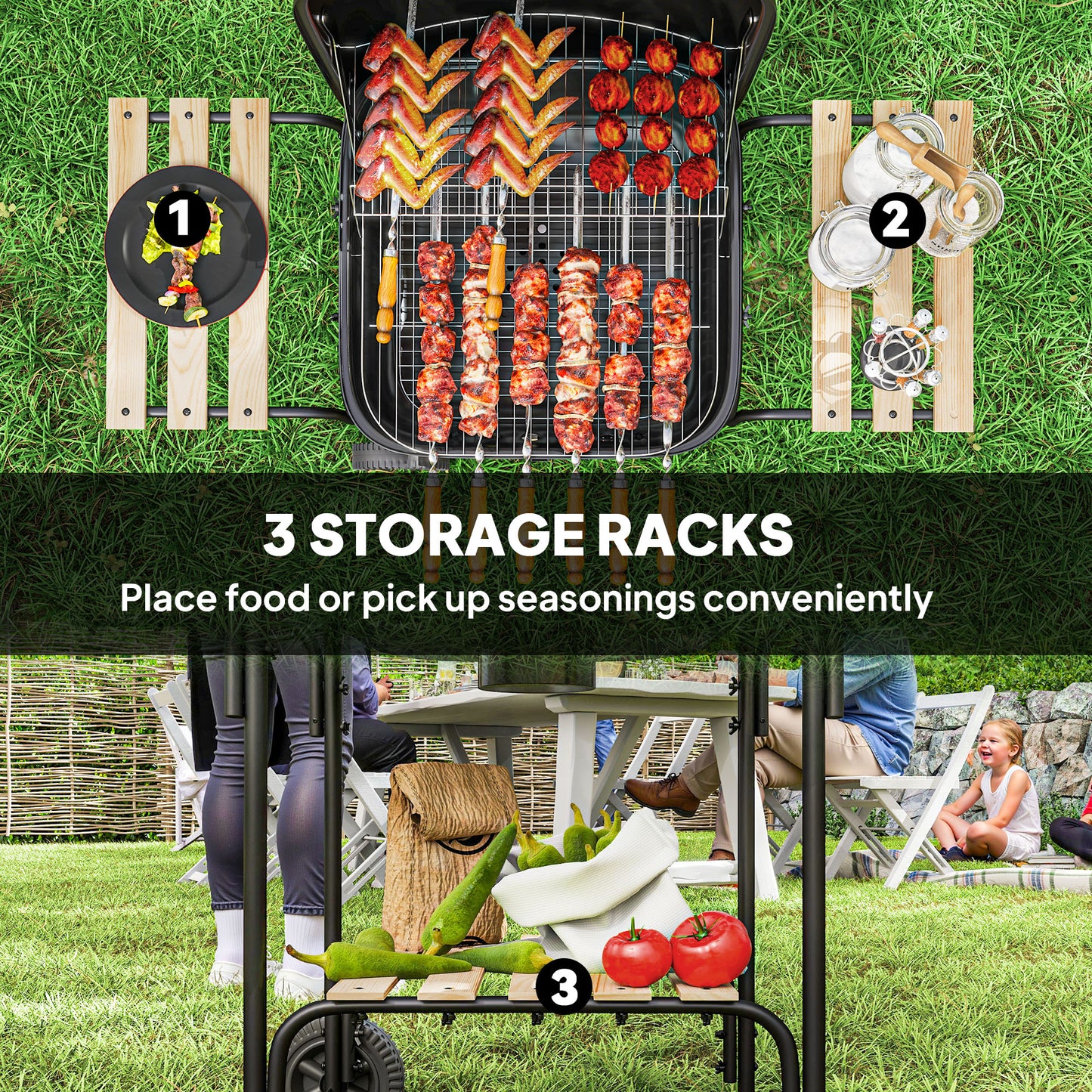 Outsunny Charcoal Portable Barbecue Grill 1840 Sq Cm Cooking Area, 3 Shelves, Adjustable Vent, Lockable Lid, Wheels