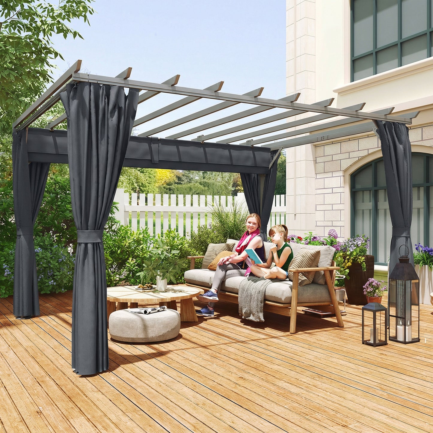 Outsunny 3.6 x 3 m Pergola With Retractable Roof Canopy Curtains Aluminium Garden Gazebo Sun Shade Shelter Dark Grey