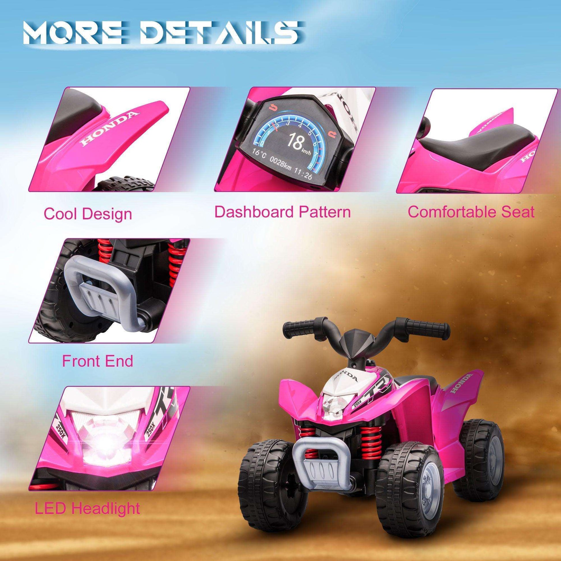 AIYAPLAY Pink Honda Kids Quad ATV Toy, 6V Electric Ride-on Car - ALL4U RETAILER LTD