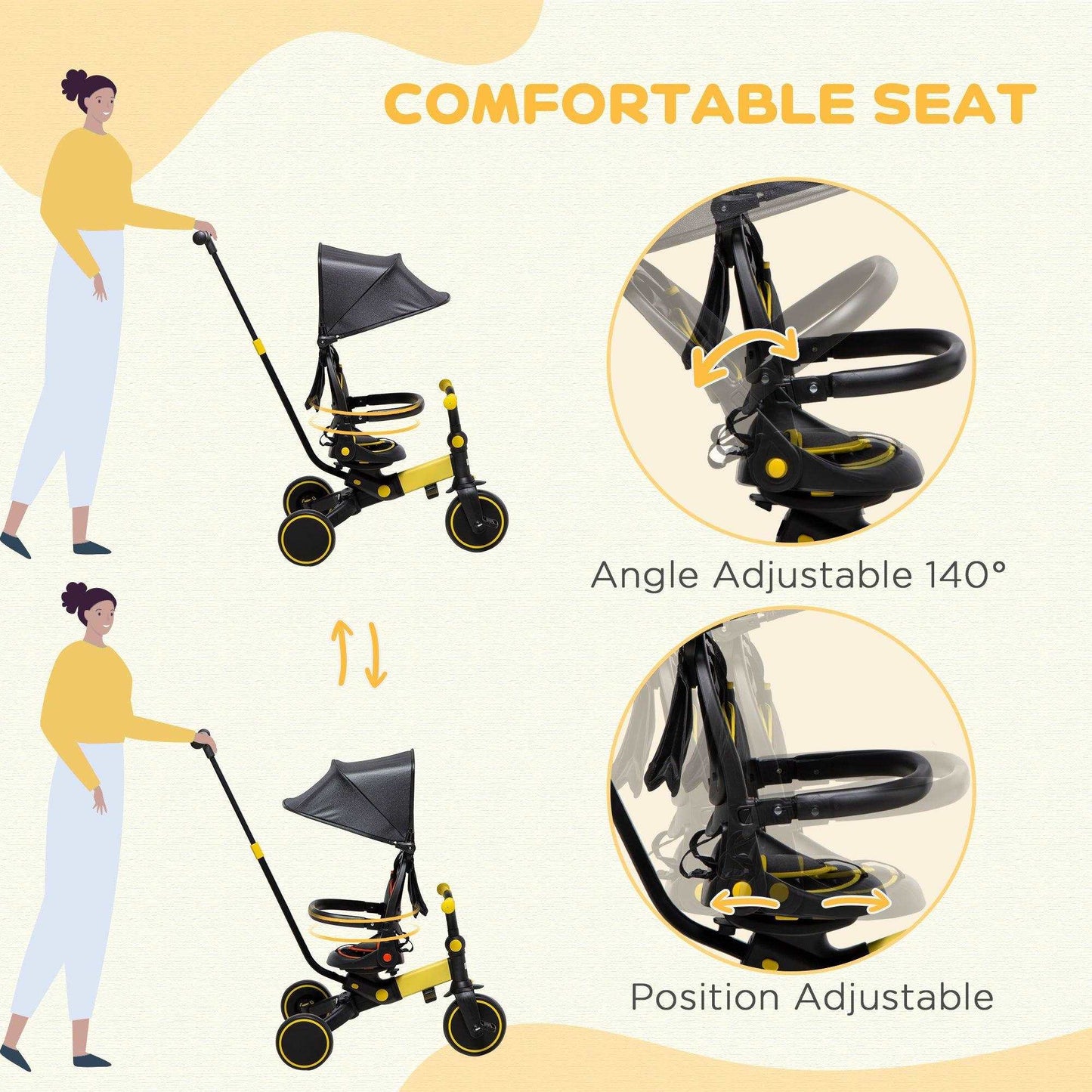 AIYAPLAY Yellow 3-in-1 Tricycle for Kids: Adjustable & Stylish - ALL4U RETAILER LTD