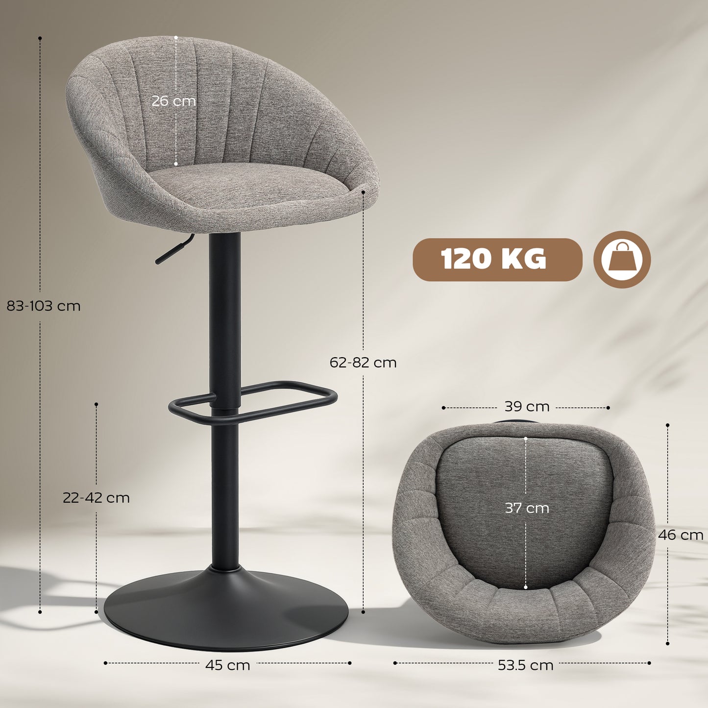 HOMCOM Set Of Two Relaxed Tub Bar Stools Grey With Adjustable Height 62 To 82 Cm And 360 Degree Swivel