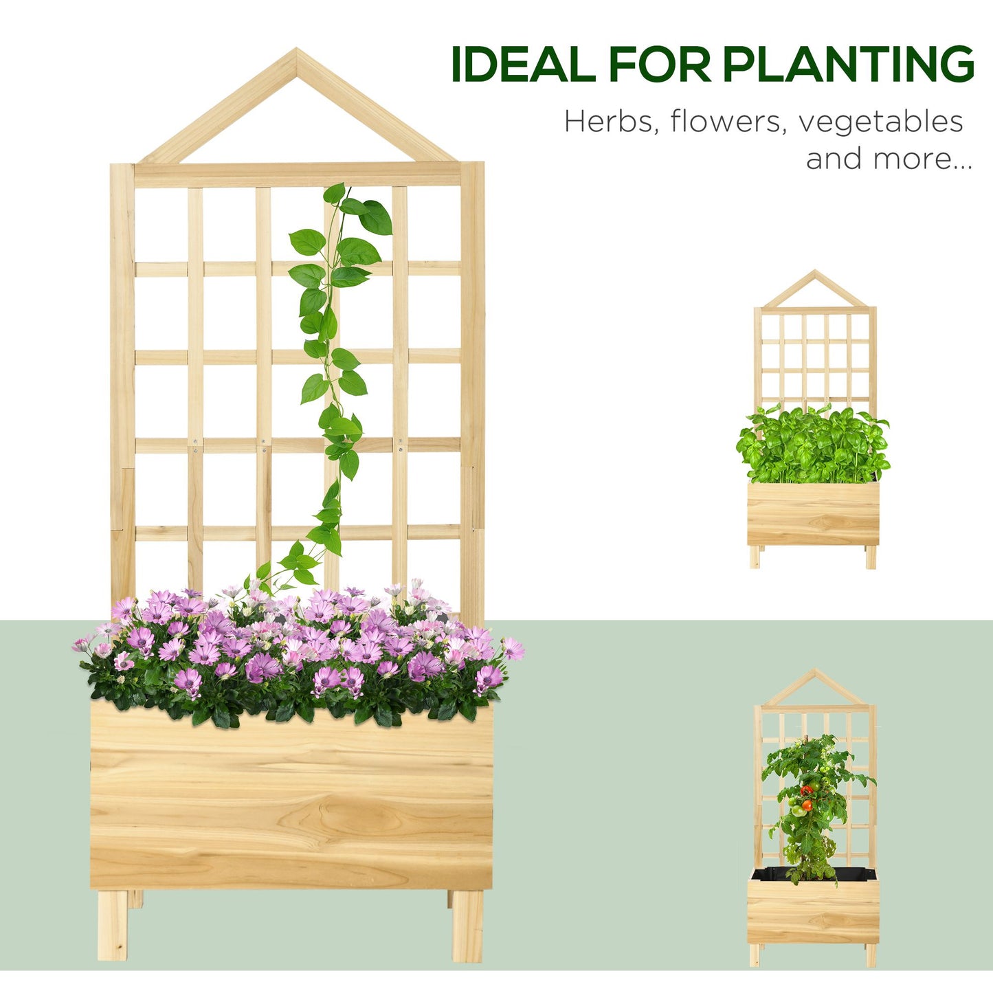 Outsunny Garden Planters With Back Trellis For Vine Climbing Distressed Wooden Raised Beds 90x43x150 cm Natural Tone