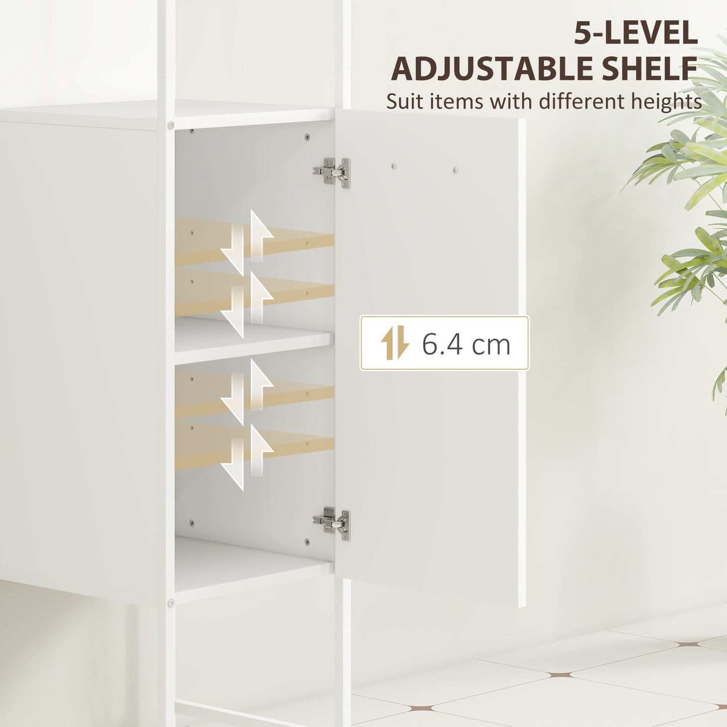 HOMCOM Tall Slim Bathroom Cabinet With Open Shelves And Closed Compartments White Five Level Adjustable Shelf