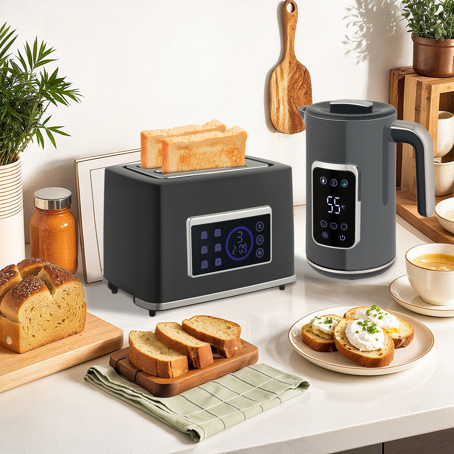 HOMCOM Touch Screen Kettle And Toaster Set In Grey With 3000W Fast Boil 1.7L And Six Temperature Presets Keep Warm