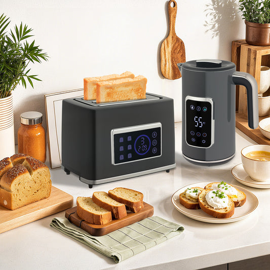HOMCOM Touch Screen Kettle And Toaster Set In Grey With 3000W Fast Boil 1.7L And Six Temperature Presets Keep Warm
