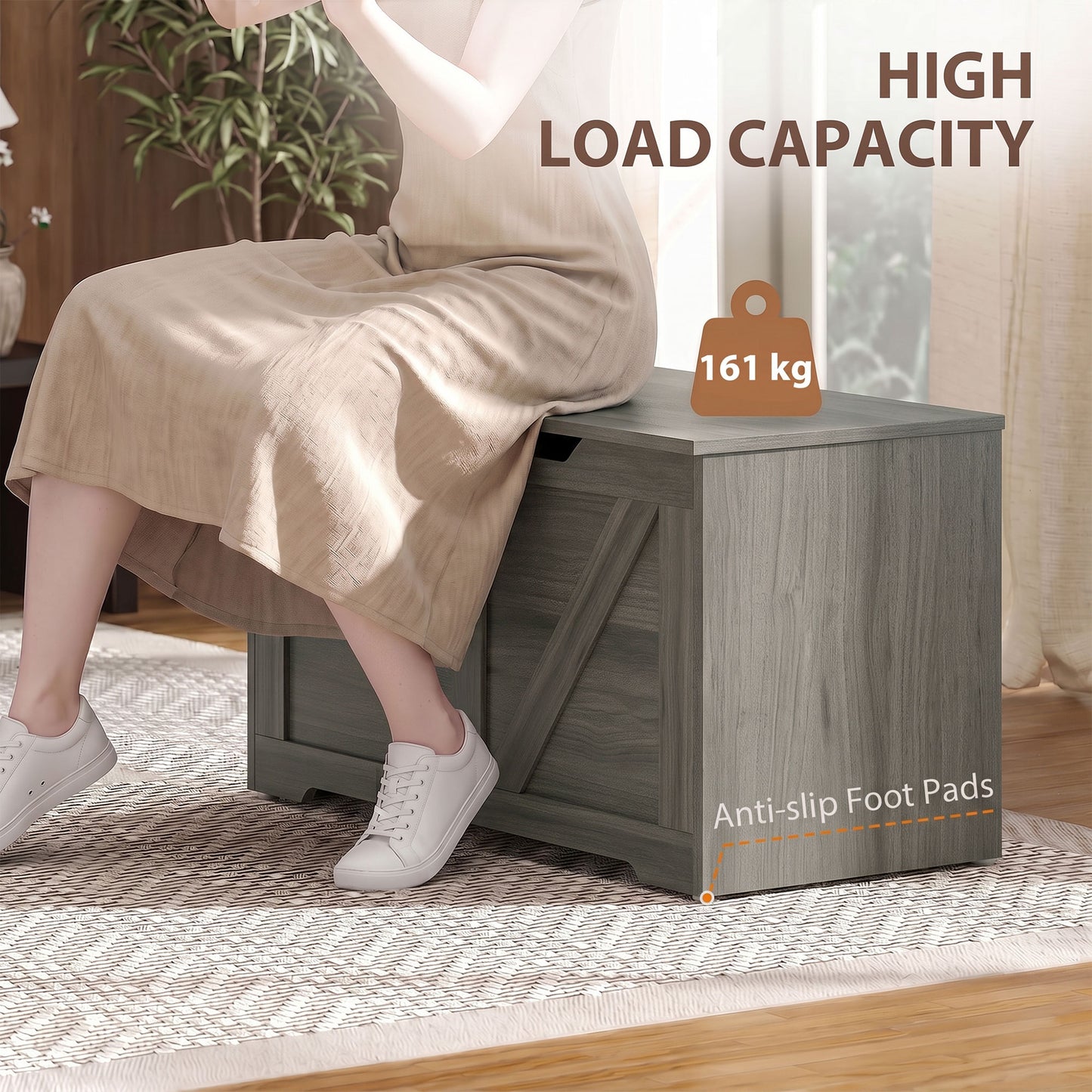 HOMCOM 100L Storage Trunk With Safety Hinge Flat Lid For Seating Dark Grey Wood Effect