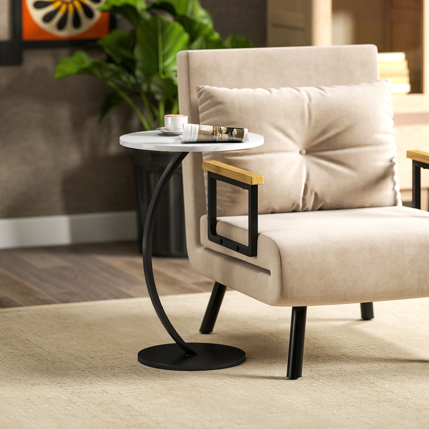 HOMCOM C Shaped Side Table Round Bedside Table With Marble Effect Top Modern Sofa End Table With Metal Frame White