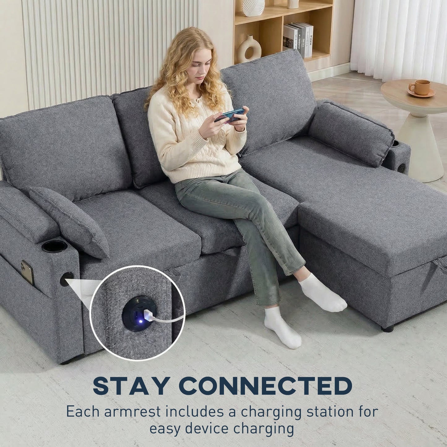 HOMCOM Corner Sofa Bed L Shaped Sleeper Sectional With Reversible Storage Chaise Pocket Springs Grey