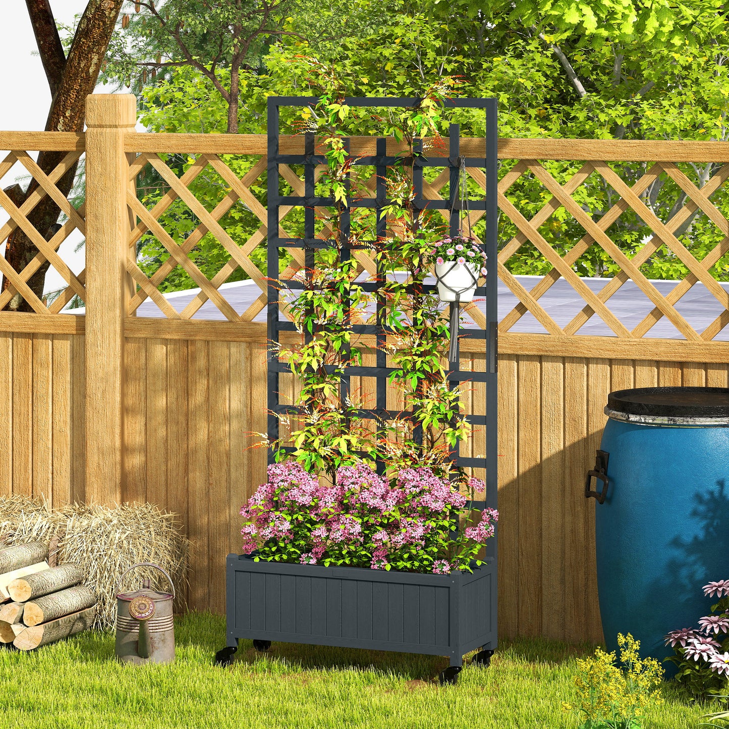 Outsunny Wooden Trellis Planter With Wheels Raised Garden Bed For Climbing Vegetables Herbs And Flowers Grey