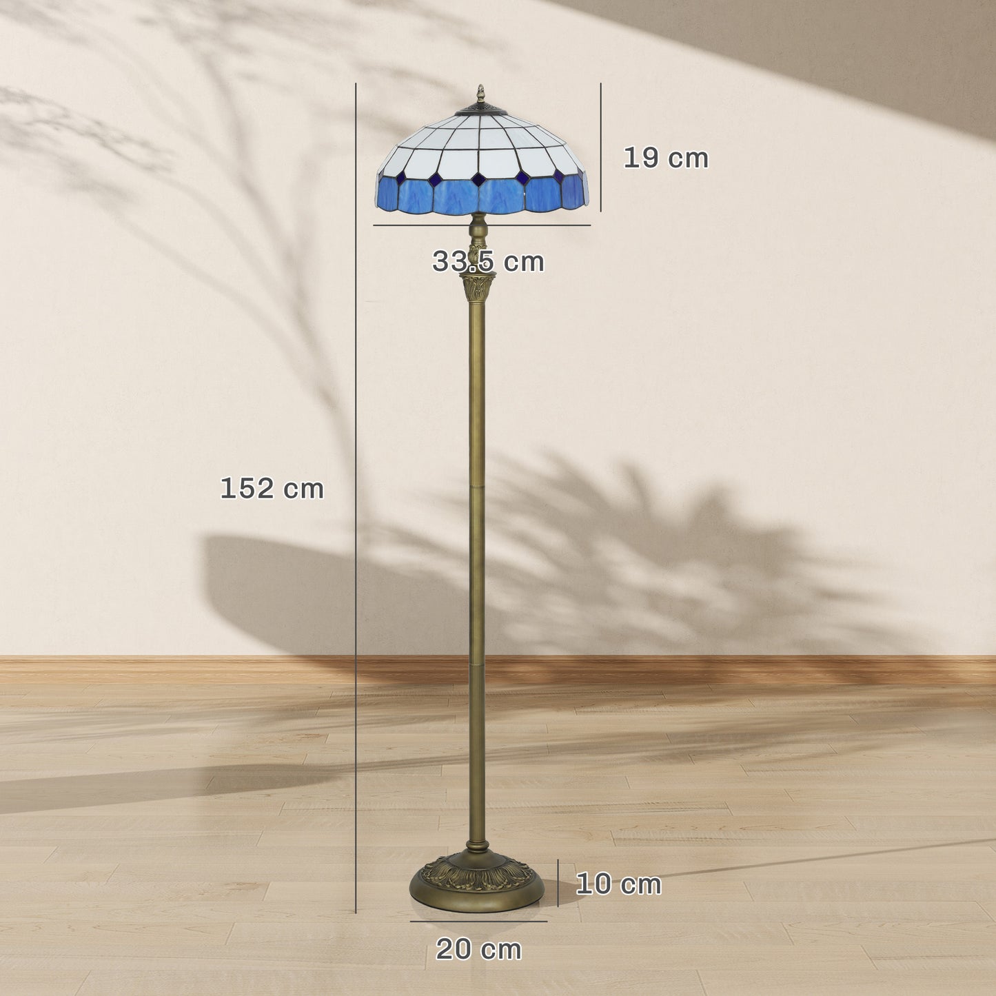HOMCOM Tiffany Style Floor Lamp With Stained Glass Shade 152cm Tall Foot Switch Dual Sockets Bronze Blue Living Room