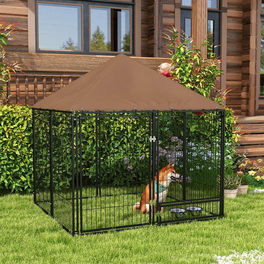 PawHut 141x141x151cm Outdoor Puppy Playpen with Canopy and Rotating Bowl - ALL4U RETAILER LTD