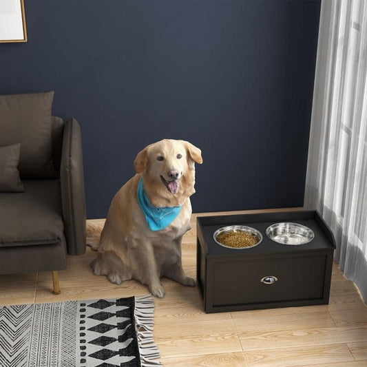 PawHut Stainless Steel Raised Dog Bowls with 21L Storage Drawer - Black | Elevated Feeding Station for Large Dogs and Cats - ALL4U RETAILER LTD