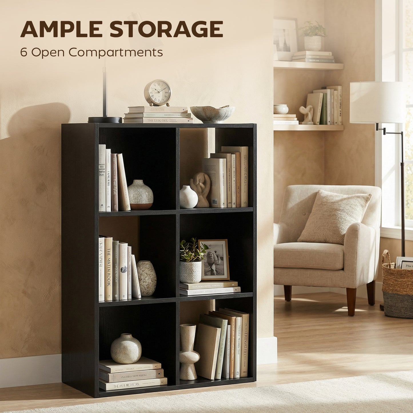 HOMCOM Industrial Style Storage Shelf Bookcase With 6 Compartments For Living Room And Home Study Black Wood Effect